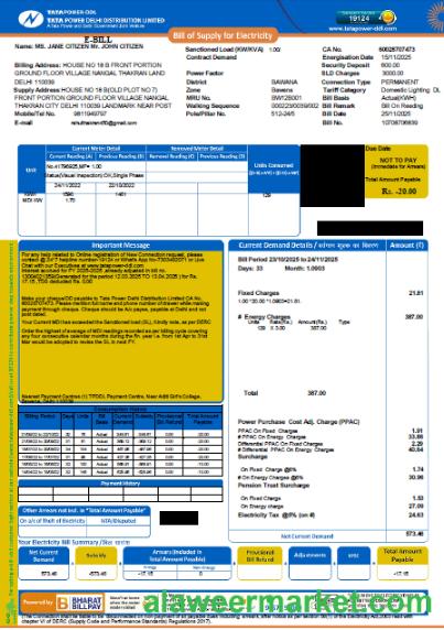 India Tata Power Company Limited utility bill template in Word and PDF formats